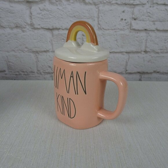 New RAE DUNN Rainbow 🌈 Figural Coffee Mug Human Kind Blush Pink With Lid Decor - Picture 11 of 12